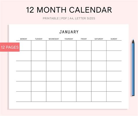 Printable Monthly Calendar Landscape Minimalist Calendar Etsy