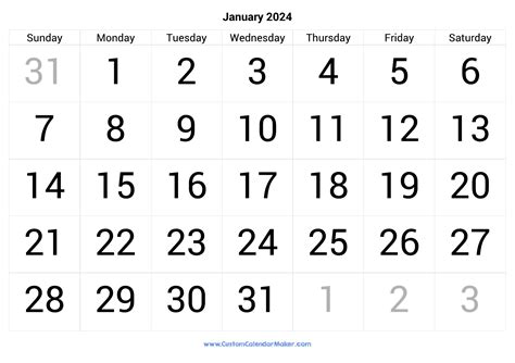 2024 January Calendar Big Numbers 100 Printable Ros Magdaia