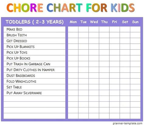 Printable Weekly Chore Chart Template For 2 3 Years Kids Baby