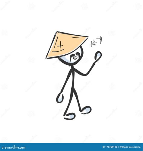 Happy Chinese Man With A Hat Hand Drawn Stickman Cartoon Stock