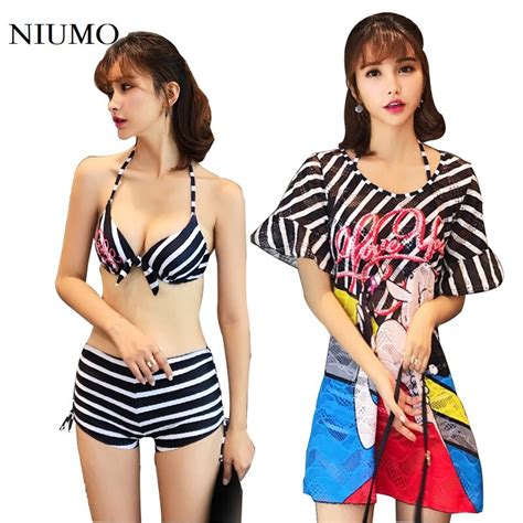 Niumo Women Split Swimsuit New Skirt Style Bikini Cover Ups Stripe Letter Printing Slim Sexy Spa
