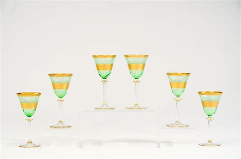 Set Of 6 Green Optic Swirl Moser Gilded Gilt Dessert Wine Goblets Goblets And Stemware Elise