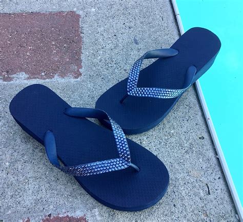 Navy Blue Crystal Flip Flops W Swarovski Denim Jean Marine Etsy Uk