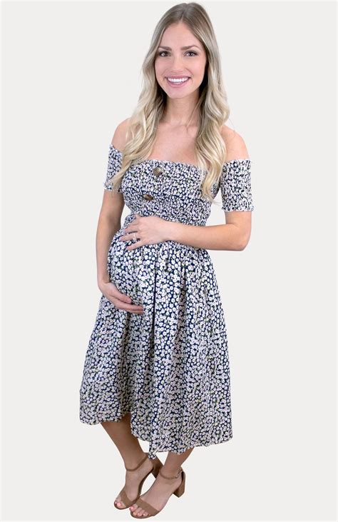 smocked button front floral maternity dress in navy