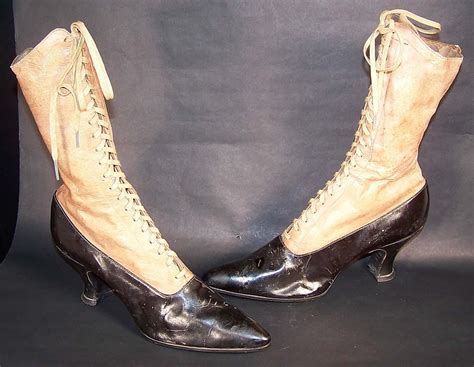 Victorian Two Tone Tan And Black Leather High Top Lace Up Boots Victorian Shoes Boots Vintage