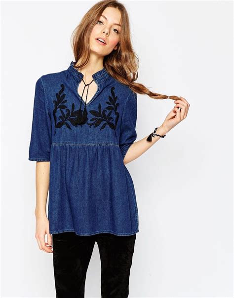 Asos Denim Smock Top With Embroidery In Mid Wash Blue At