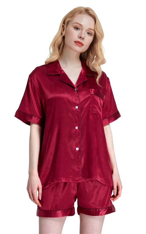 Womens Silk Satin Pajama Set Short Sleeve Burgundy With Black Piping