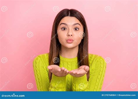 Photo Portrait Of Lovely Teen Lady Sending Air Kiss You Palms Pouted Lips Wear Trendy Green