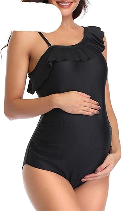 Maternity Swimwear Plus Size New Women One Shoulder Ruffle Solid