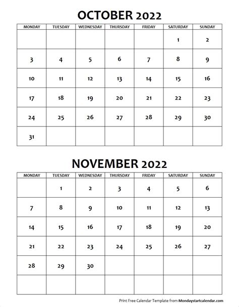 October November 2022 Calendar Monday Start Two Months Template