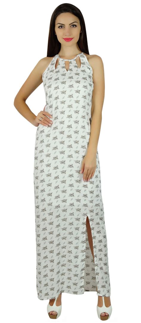 Bimba Women White Long Cotton Maxi Dress With Side Slit Floral Full