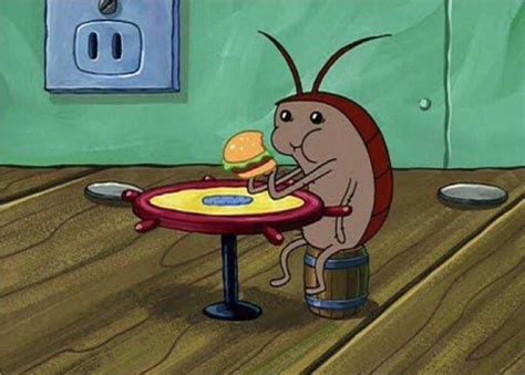 First, bun then patty followed by ketchup mustard. cockroach eating krabby patty - spongebob | Painting memes ...
