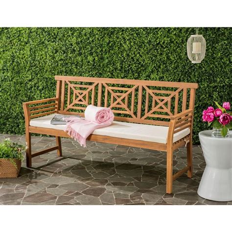Safavieh Del Mar Outdoor 3 Seat Acacia Patio Bench With Beige Cushions