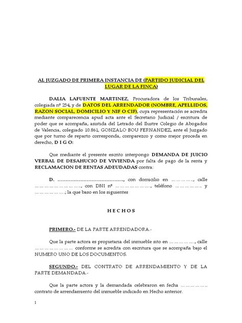 Modelo De Demanda De Desahucio Por Falta De Pago Desalojo