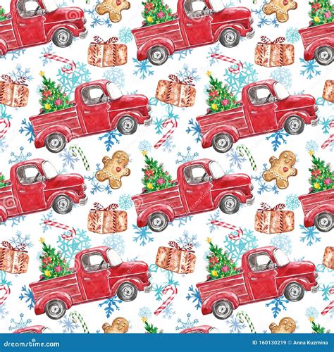 Watercolor Winter Seamless Pattern With Red Christmas Truck Festive