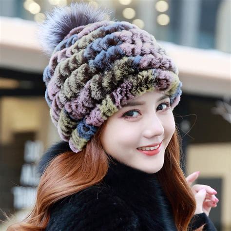 Buy Women Knitted Rex Rabbit Fur Hat With Silver Fox Ball Fur Fompom Russian Hats Striped Fur
