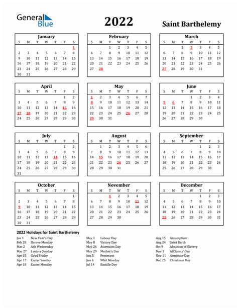 2022 Saint Barthelemy Calendar With Holidays