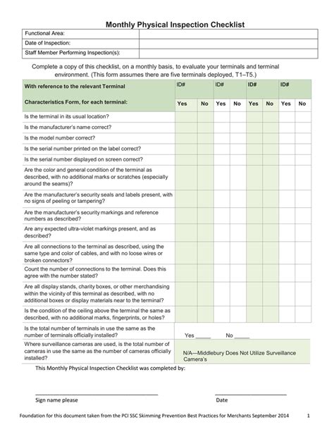 Monthly inspection checklist template, a record is a listing of items or activities to be recorded, followed and assessed closely. Monthly Physical Inspection Checklist