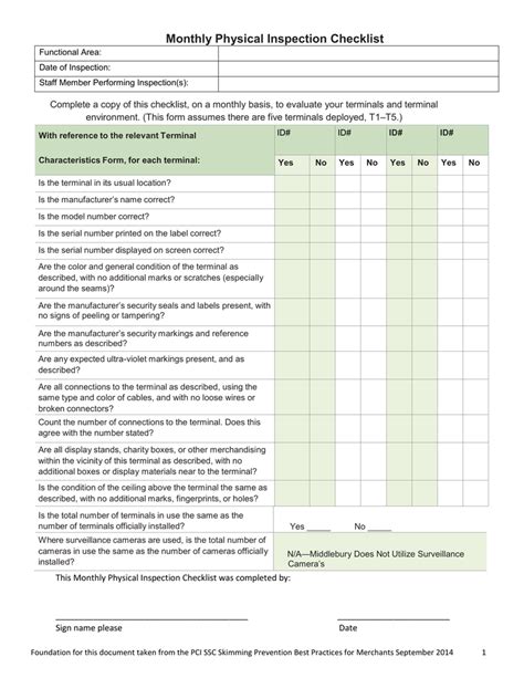 Quality control experts visit factories on behalf of customers to ensure the manufacturing process and products meet the standards agreed upon before the merchandise leaves the factory. Monthly Physical Inspection Checklist