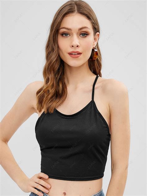 [34 Off] 2021 Bib Neck Lace Up Cami Crop Top In Black Zaful