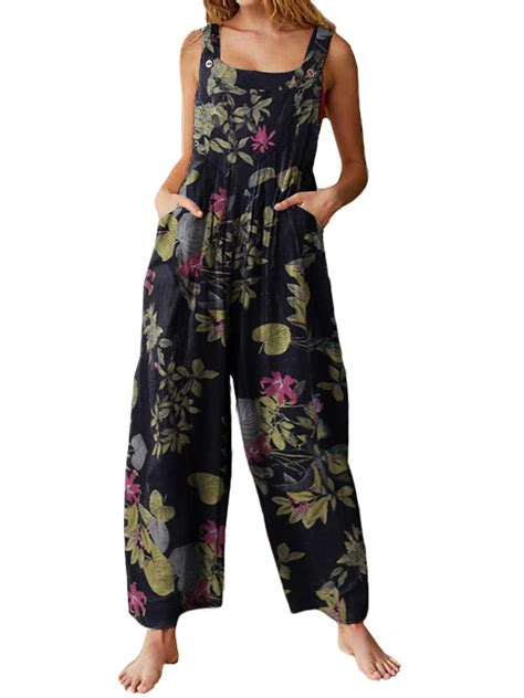 Vonda Womens Cotton Linen Bohemian Floral Print Jumpsuits Wide Leg