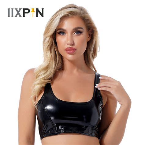 Women Sexy Wetlook Tank Crop Top Patent Leather Latex Top Sleeveless Zipper Slim Vest Punk