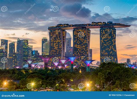 Singapore Landmark City Skyline At The Marina Bay During Twilight Stock