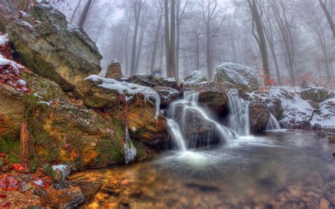 Waterfall On The Background Of Misty Forest Wallpapers And Images Wallpapers Pictures Photos