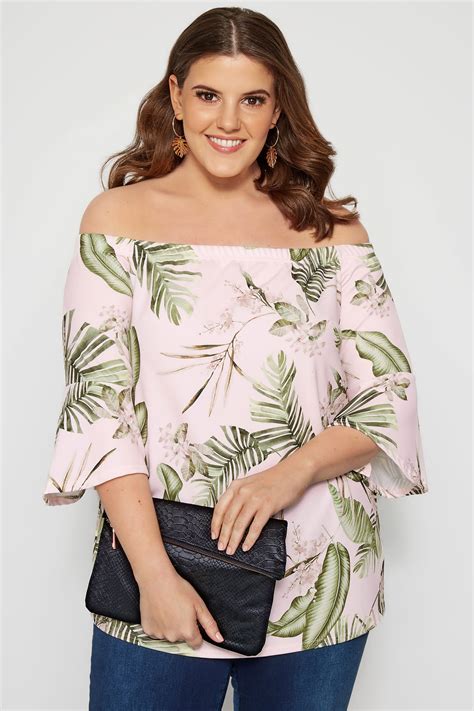 pink tropical bardot top with flute sleeves plus size 16 to 36 yours clothing