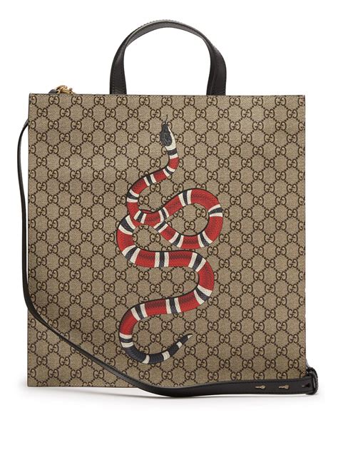Gucci Leather Gg Supreme And Kingsnake Print Tote Bag In Beige Natural