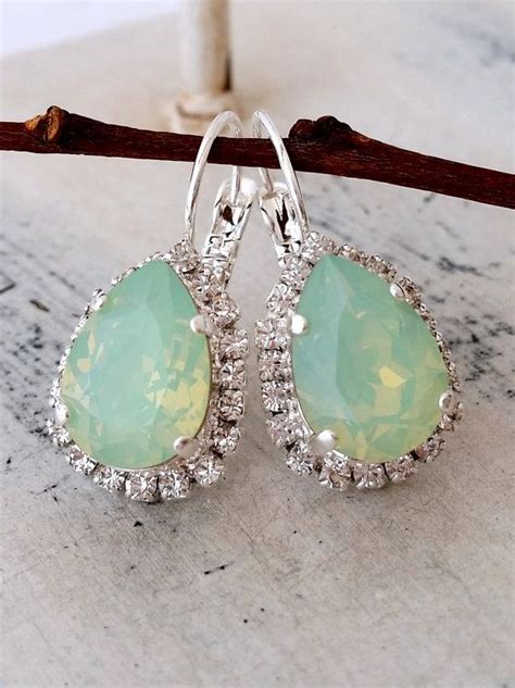 Mint Opal Drop Earrings Swarovski Crystal Teardrop Earring Drop