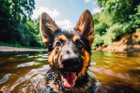 Premium Photo A Dog In A River With Its Mouth Open And Tongue Out