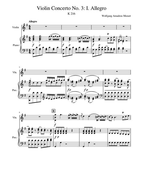 Violin Concerto No 3 In G Major K 216 I Allegro Wolfgang Amadeus Mozart W O Cadenza