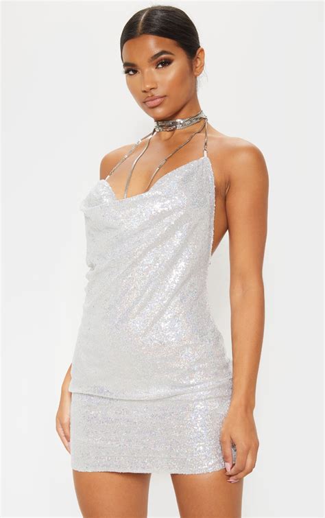 Tarria Silver Sequin Chain Choker Mini Dress Prettylittlething Usa
