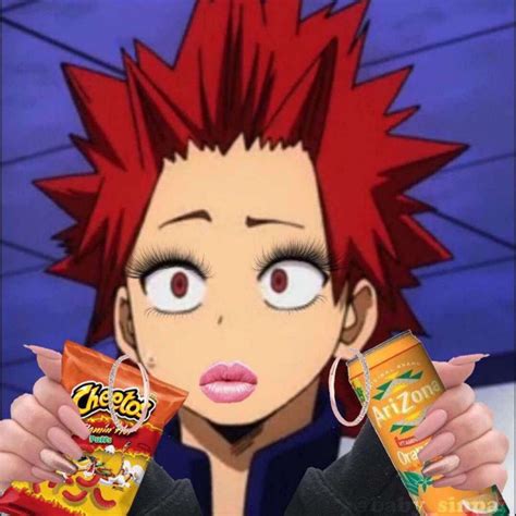 An Anime Character With Red Hair Holding Two Bags Of Chips And A Bag Of