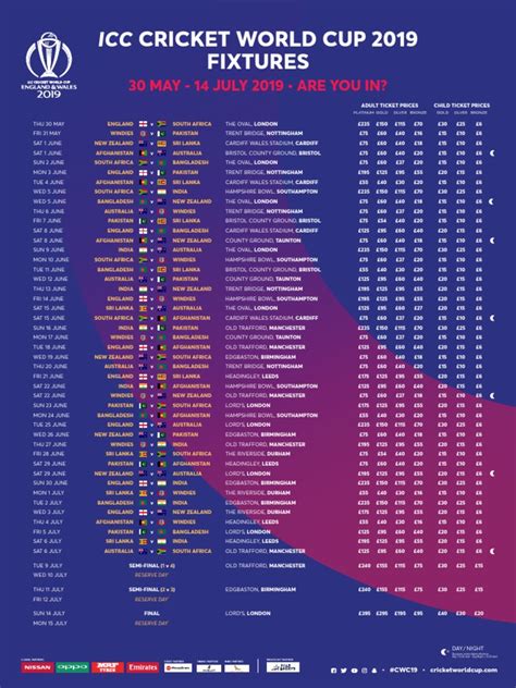 Icc World Cup Schedule Portrait With Prices International Cricket