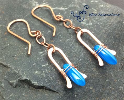 Handmade Copper Earrings Chain Dangling Wire Wrapped Blue Glass Dagger