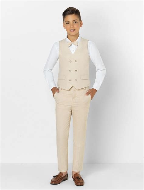 Boys Double Breasted Beige Waistcoat And Trouser Suit Set Boys Beige