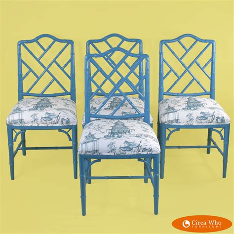 Set Of 4 Faux Bamboo Blue Chippendale Chairs Circa Who