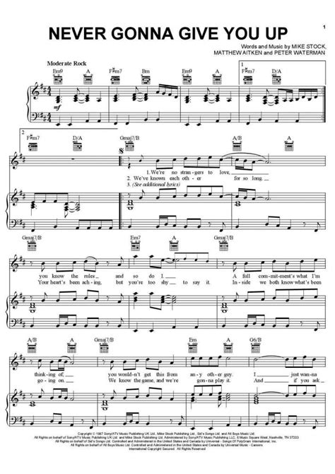 Never Gonna Give You Up Piano Sheet Music