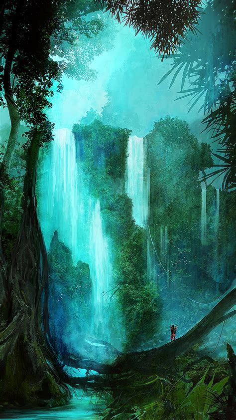 Waterfall Art Silhouette Trees Forest Hd Phone Wallpaper Peakpx