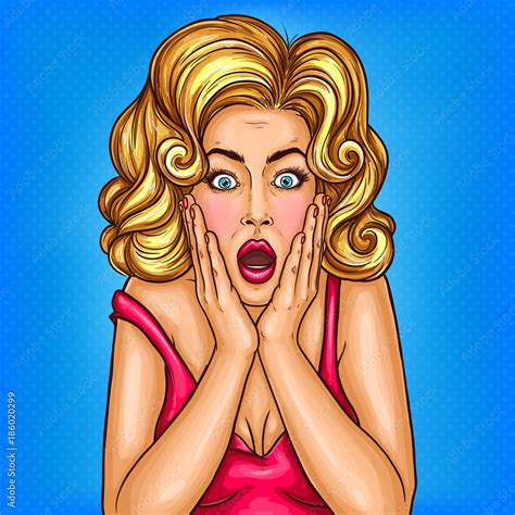 Vector Pop Art Pin Up Shocked Surprised Girl With Opened Mouth Adult Middlge Age Blonde