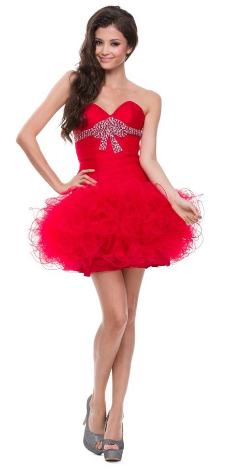 Poofy Layered Tulle Skirt Red Party Dress Strapless Bow Shape 17799