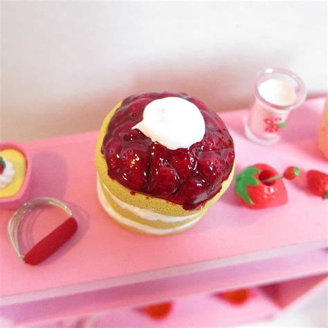Miniature Strawberry Shortcake Dessert Polymer Clay Cake Brown Eyed Rose