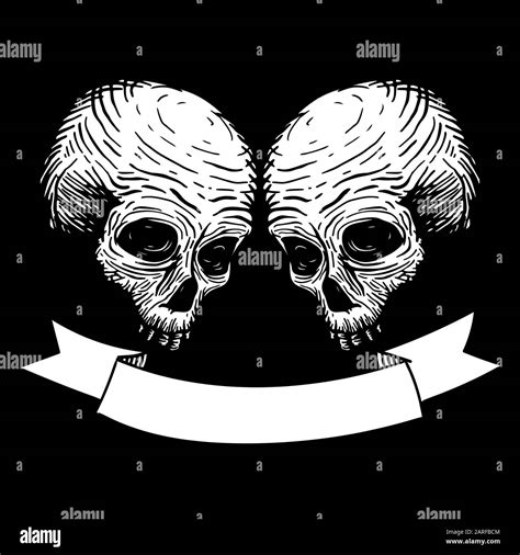 Two Skulls With Ribbon For Text Vector Hand Drawing Illustration Stock