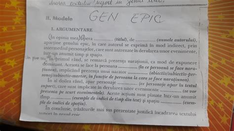 Genul epic cuprinde opere literare în care autorul îşi exprimă în mod indirect gândurile, ideile şi sentimentele, prin intermediul acţiunii, al personajelor şi al naratorului. Puteti sa mă ajutați cu un model de compunere ...