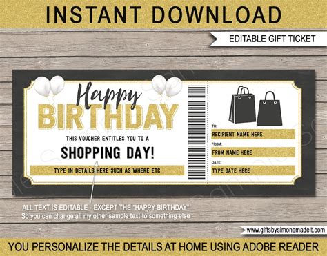 Shopping Spree Card Template Printable Birthday Gift Certificate Voucher Coupon Mom Girlfriend