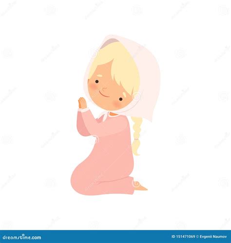 Cute Little Girl Character Kneeling In Prayer Cartoon Vector