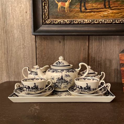 Virginia Black And White Transferware Porcelain Tea Set With Tray