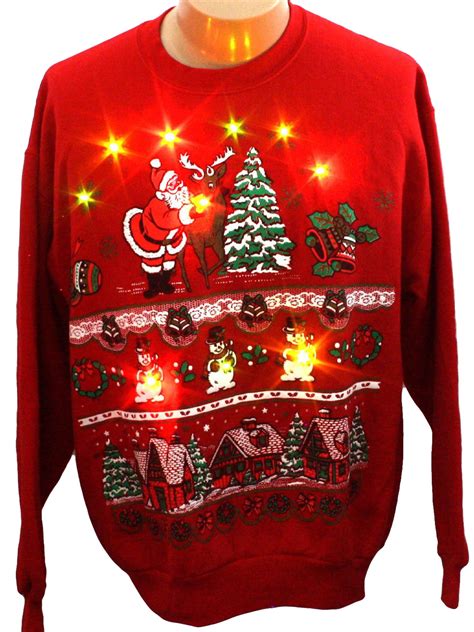 light up ugly christmas sweatshirt hanes unisex red background cotton polyester blend